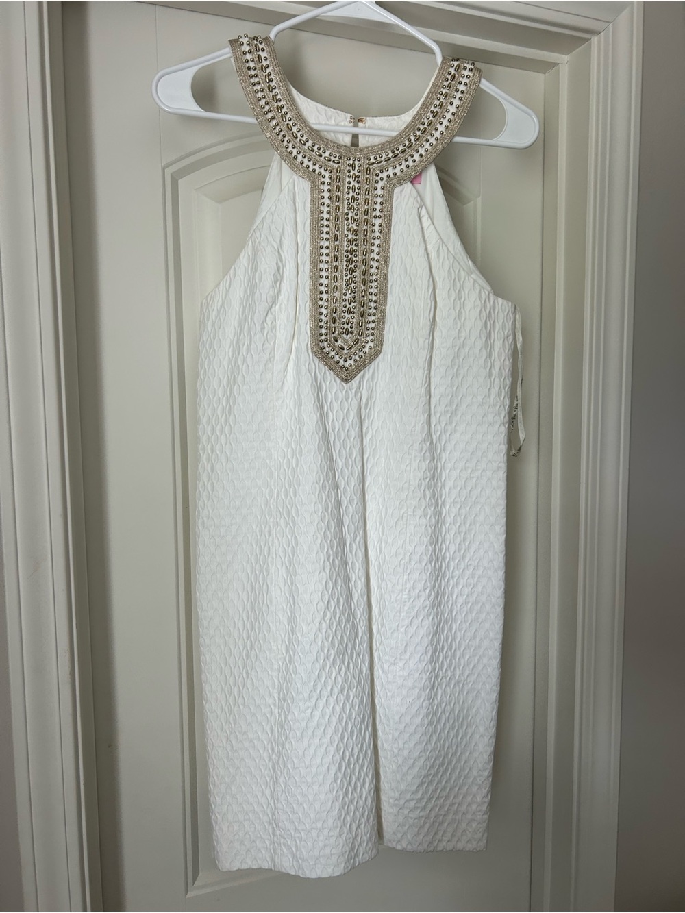 Lilly Pulitzer White Textured Halter Dress with Gold Beaded Neckline